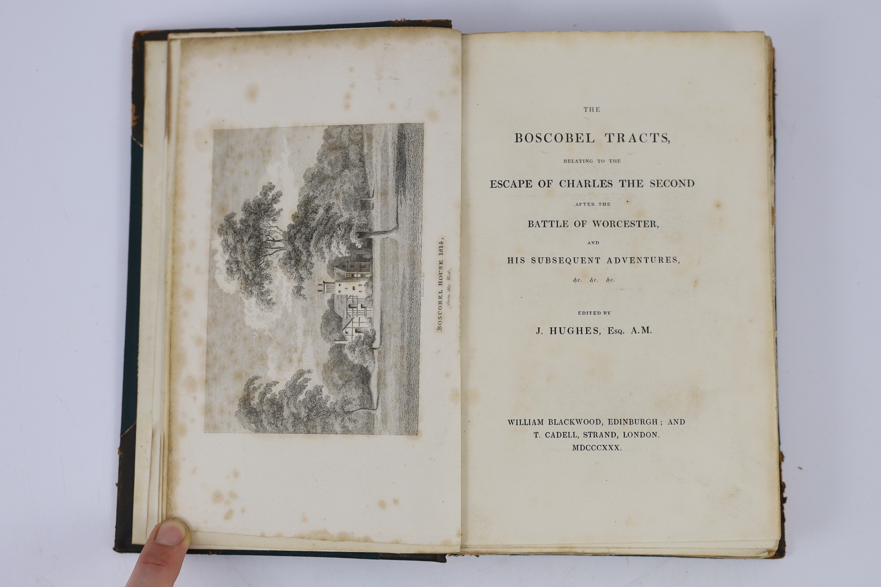 WORCS: Hughes, J. (editor) The Boscobel Tracts, relating to the escape of Charles the Second after the Battle of Worcester ... frontis., sketch map, plan and 6 plates; old half calf and cloth, 1830